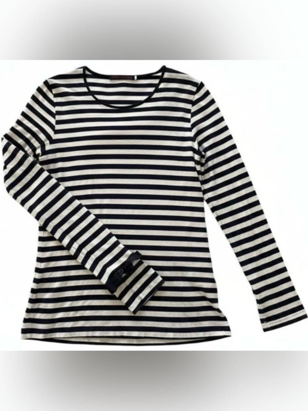 Harvey Faircloth Striped Long Sleeve Top L Navy Cream Bow Cuff